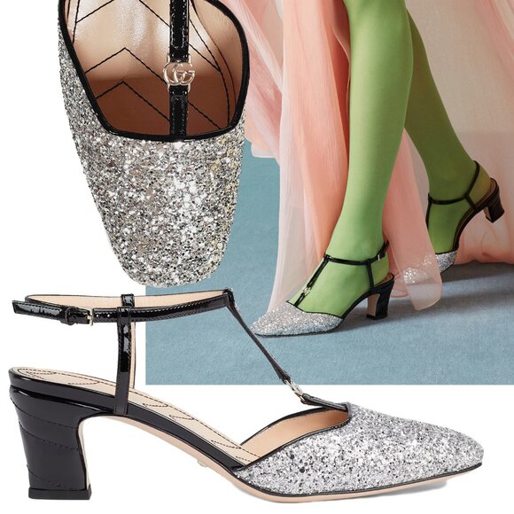 GUCCI SHOES T-STRAP SILVER GLITTER SLINGBACK PUMPS w DOUBLE G LOGO sz 37.5 7.5 - Picture 1 of 14